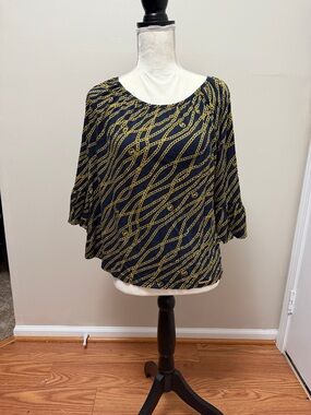 Michael Kors Navy Blouse with Gold Chain Print
